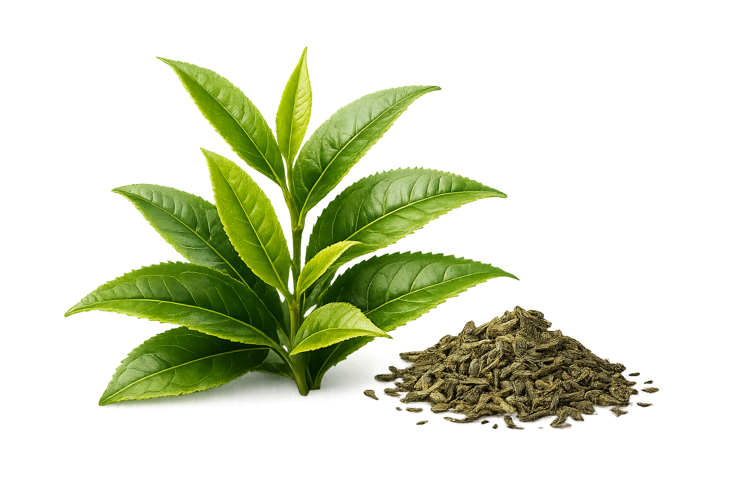 Fresh green tea leaves and dried green tea